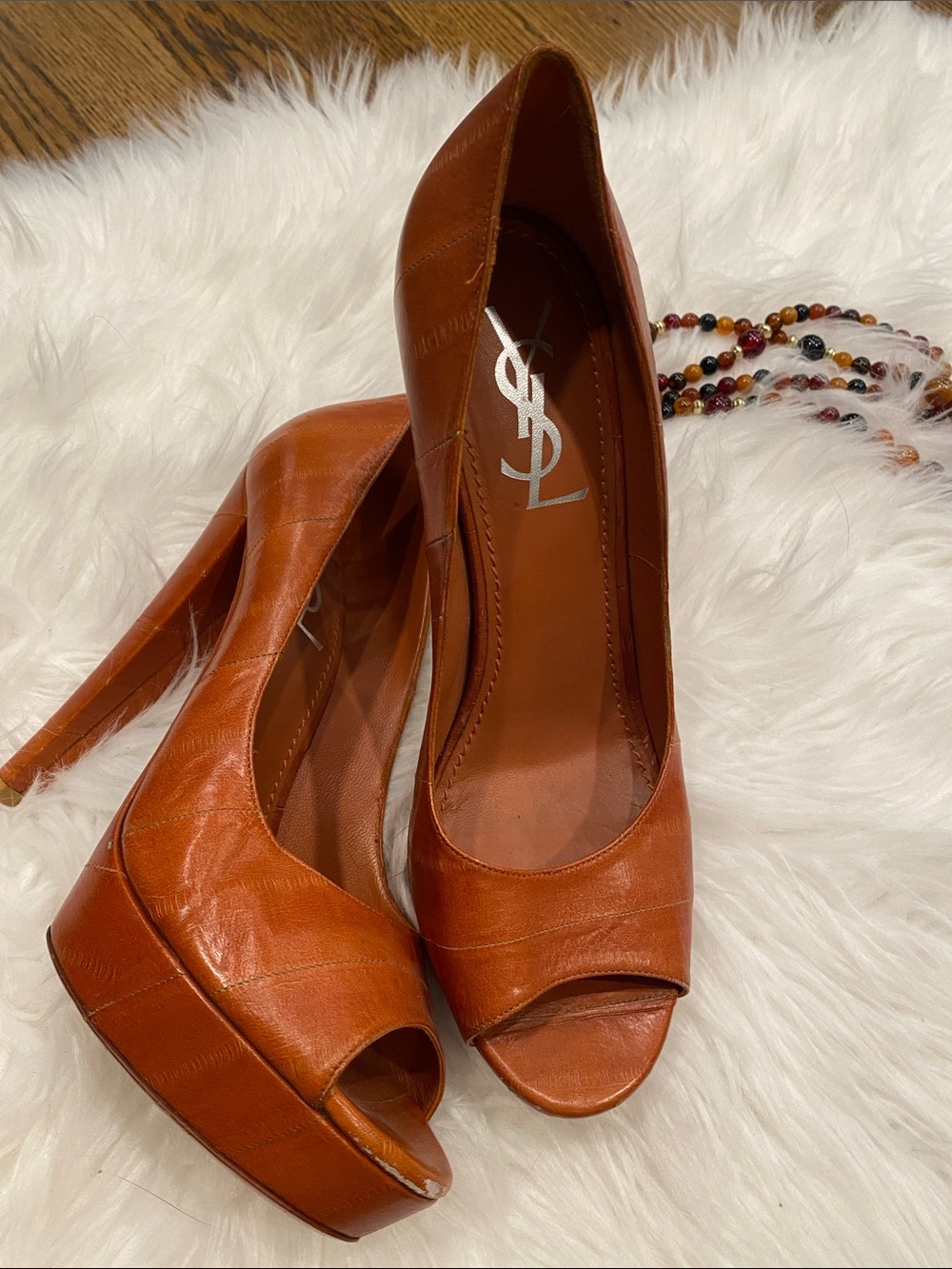 Yves Saint Laurent Cognac Peep-Toe Platform Pumps 38 EU